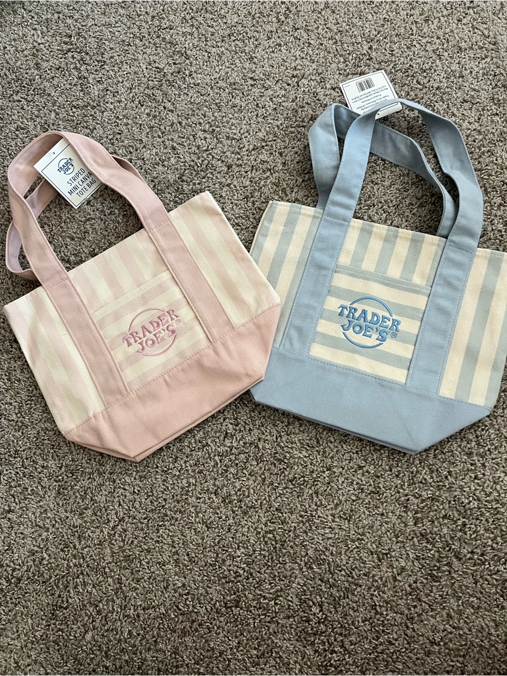 Trader Joe's Pink and Blue Stripe Canvas Tote Bag Set